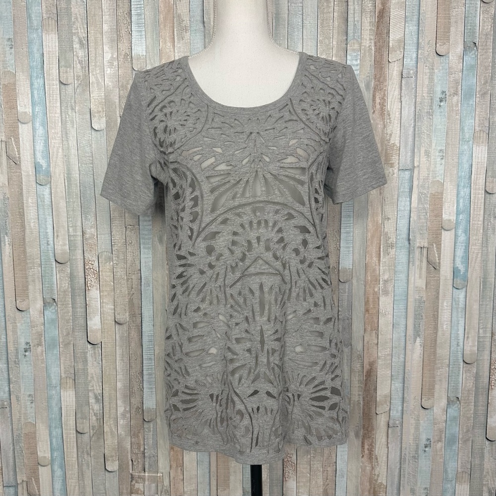 Sundance Catalog M Gray Laser Cut Lace Short Sleeve Tee T Shirt Top Boho